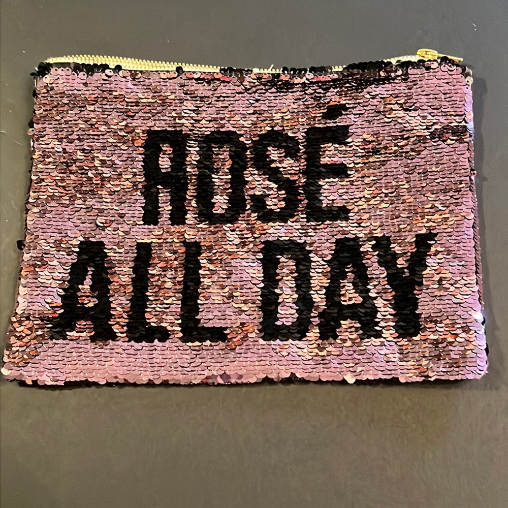 “Rosé all day” magic sequin zipper pouch/solid black when sequins flipped-NWOT